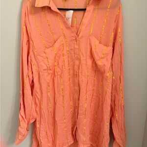 Cato Coral Button-Down Shirt with Gold Stripes